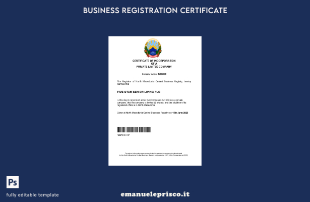 certificato di registrazione aziendale della Macedonia del Nord in stile verific